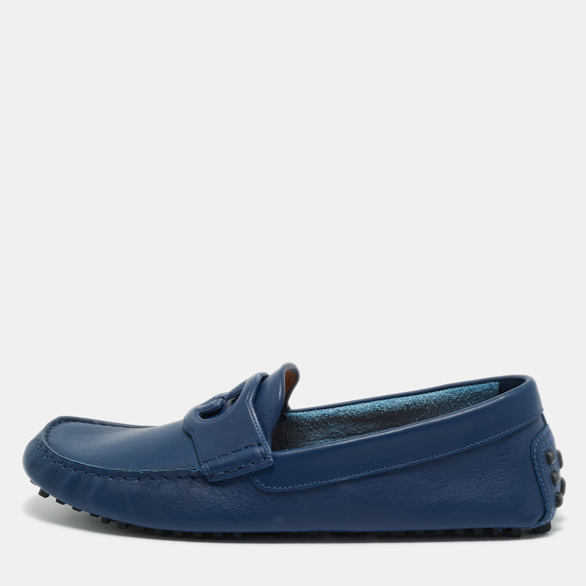 Gucci Blue Leather Interlocking G Loafers Size 43.5