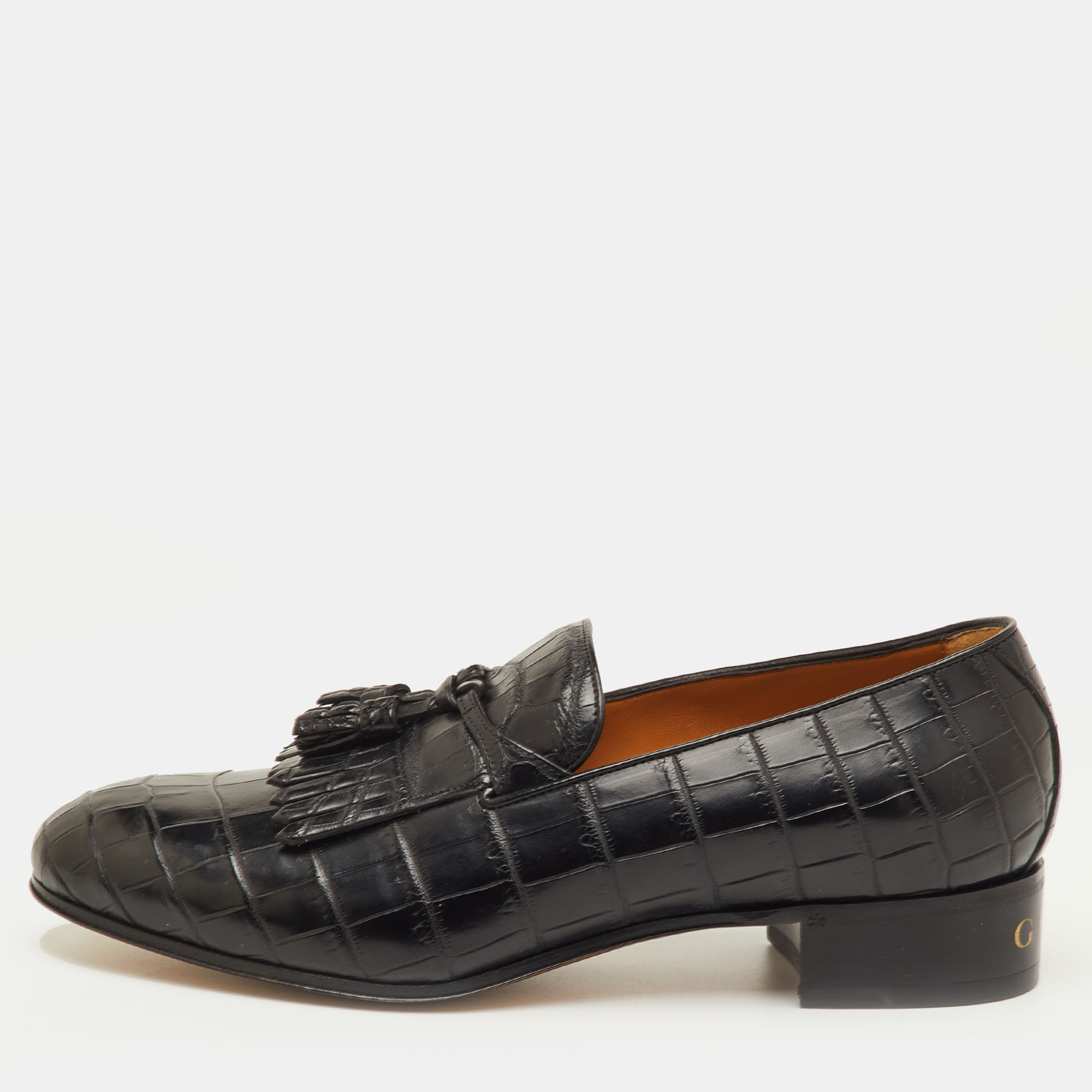 

Gucci Size 41.5 Black Crocodile Leather Fringe Tassel Slip On Loafers