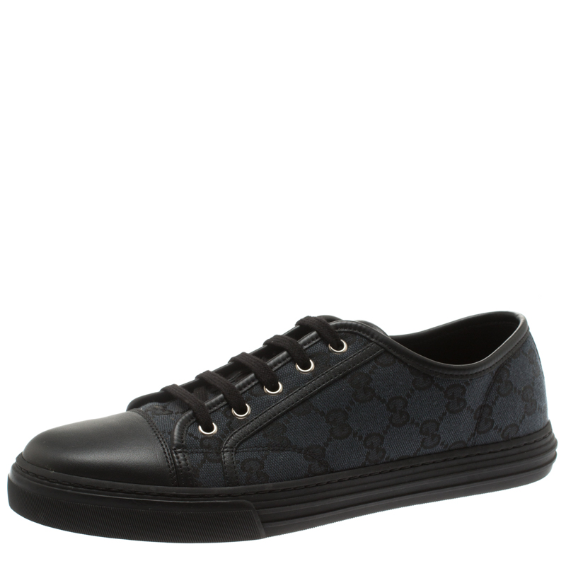 Pre Owned Gucci Black Leather And Guccissima Canvas Low Top Lace Up Sneakers Size 42