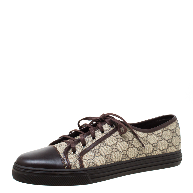 Gucci Beige/Brown Supreme Canvas And Leather Cap Toe Low Top Sneakers Size 46