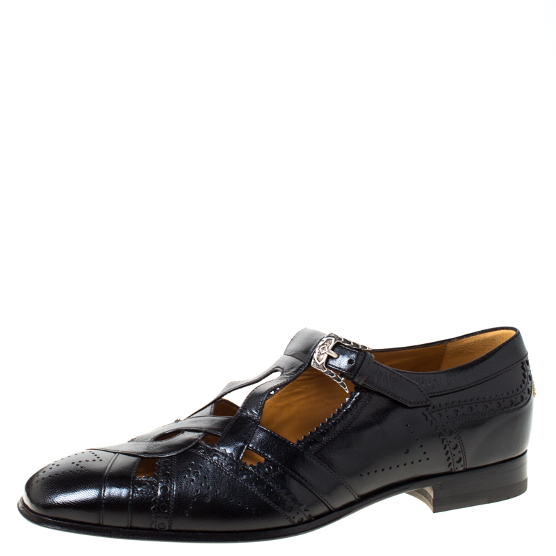 Pre Owned Gucci Black Brogue Leather Thesis Cutout Detail Loafers Size 41.5