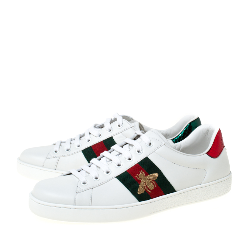 Gucci White Leather Ace Embroidered Bee 