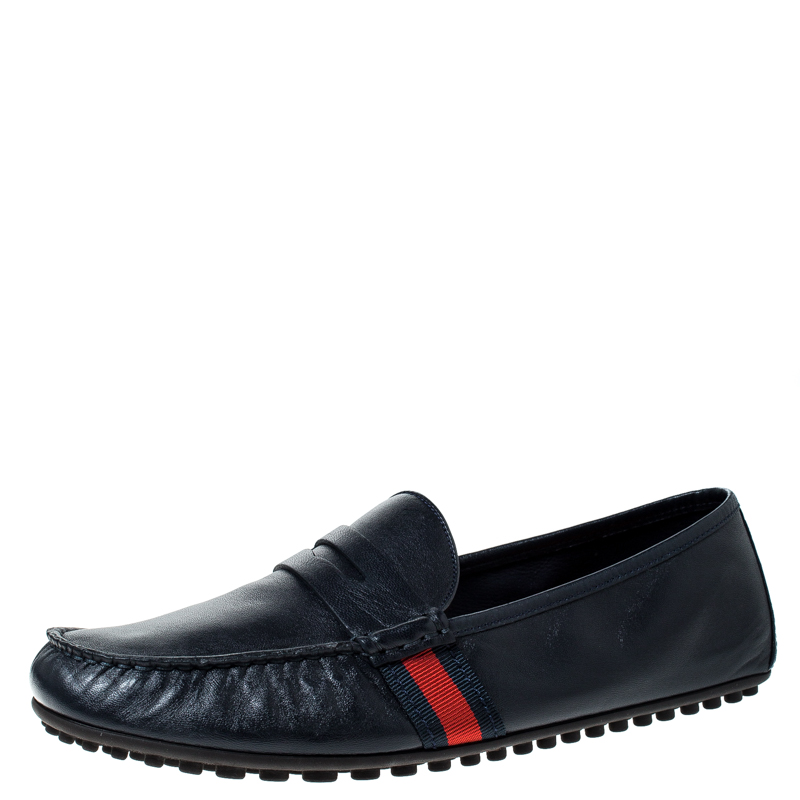 مملوكة مسبقًا Gucci Blue Leather Web Penny Loafers Size 43