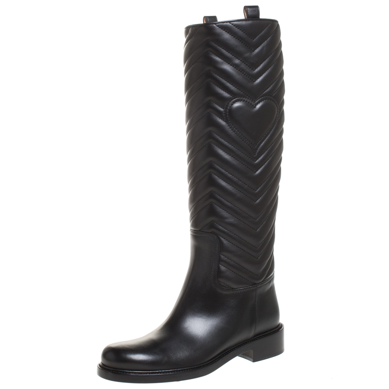 Pre-owned Gucci Black Matelasse Leather Knee High Length Boots Size 39