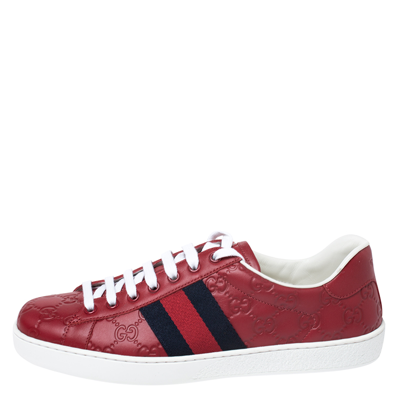 

Gucci Red Guccissima Leather And Web Ace Low Top Sneakers Size