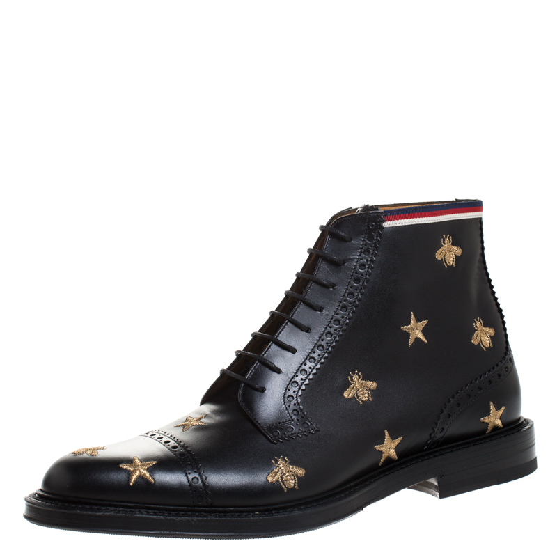 Pre-owned Gucci Black/gold Embroidered Bee Star Leather Brogue Ankle ...