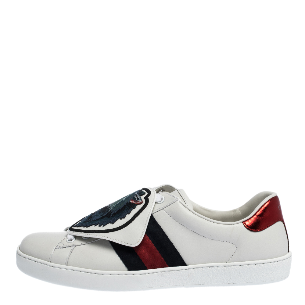 

Gucci White Leather Ace Web Low Top Sneakers with Removable Patch Size