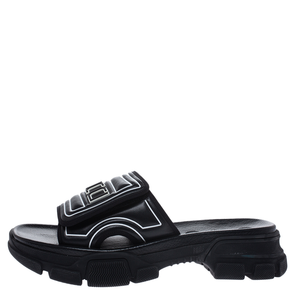 Gucci Black Leather Logo Slide Sandals 