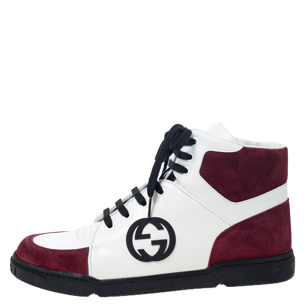 

Gucci Burgundy/White GG Interlocking Leather Lace Up High Top Sneakers Size