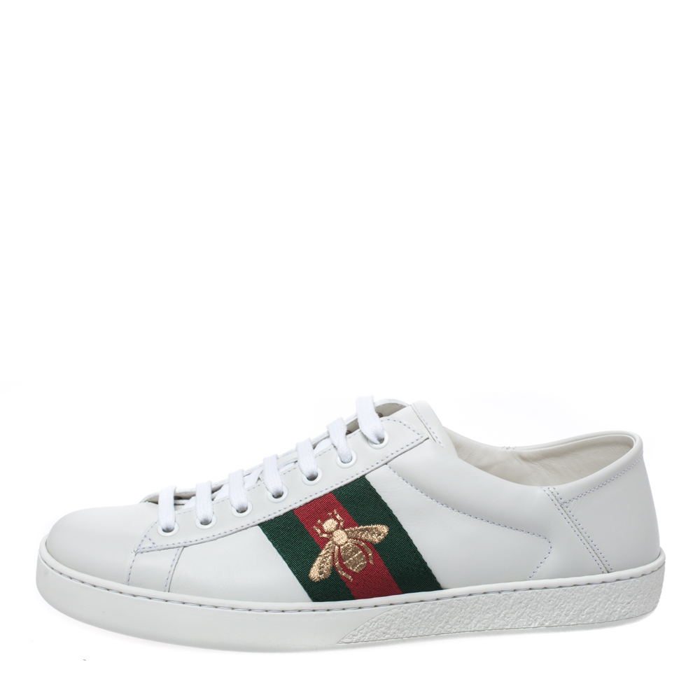 

Gucci White Leather Embroidered Bee Ace Low-Top Sneakers Size