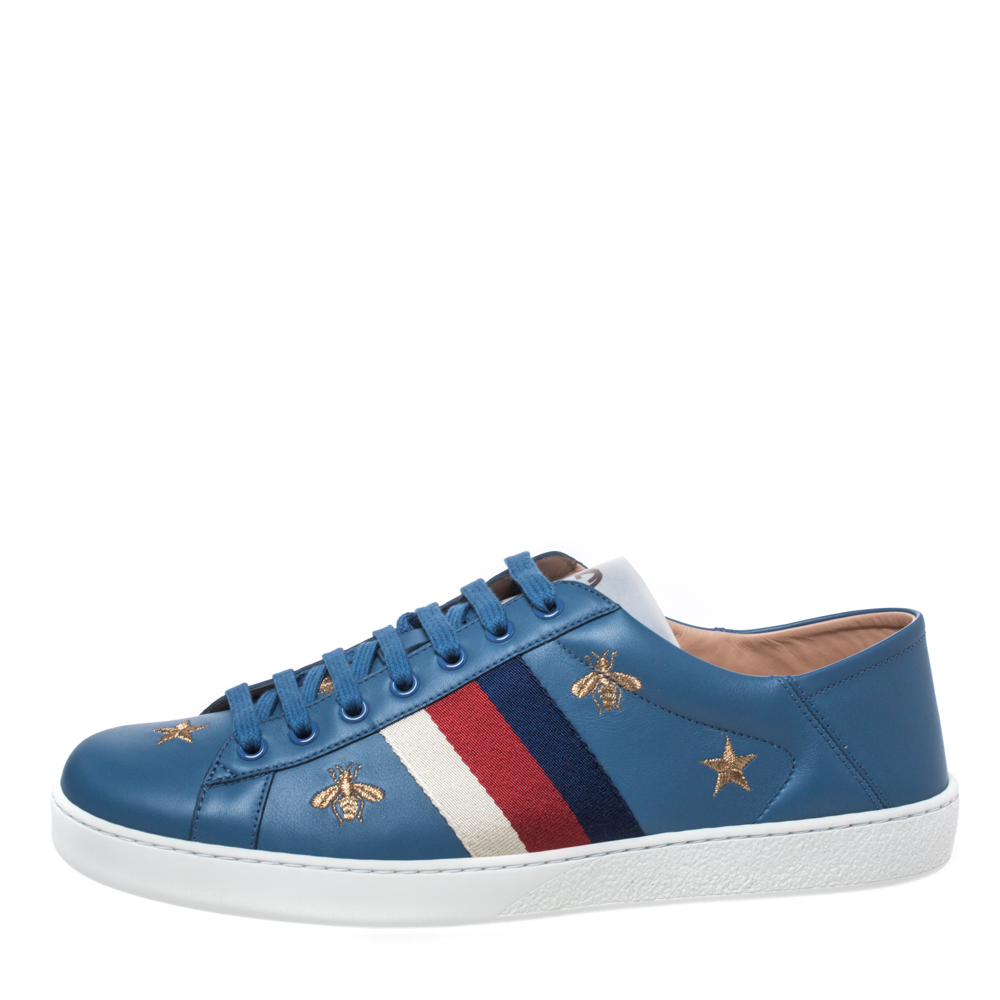 

Gucci Blue Leather Ace Bees and Stars Embroidered Lace Up Sneakers Size
