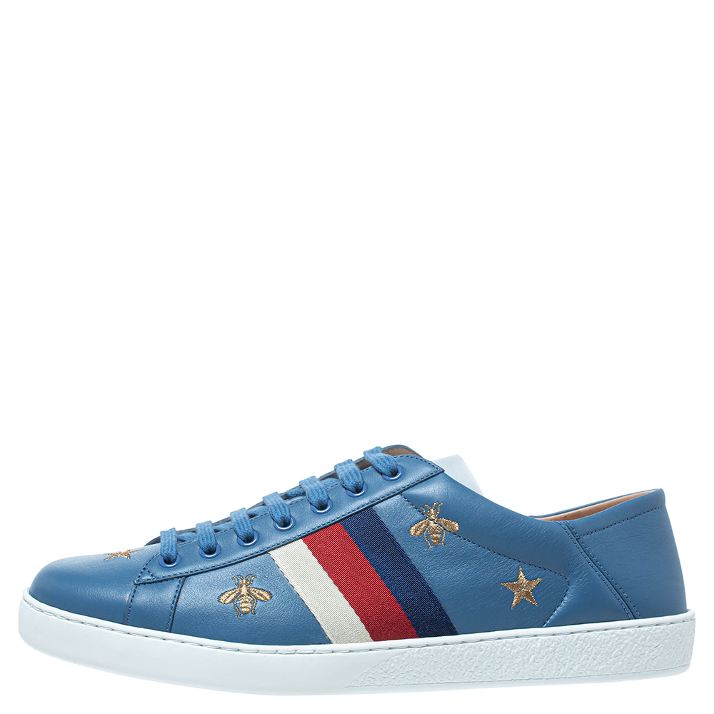 

Gucci Blue Leather Bee Stars Ace Low Top Sneakers Size