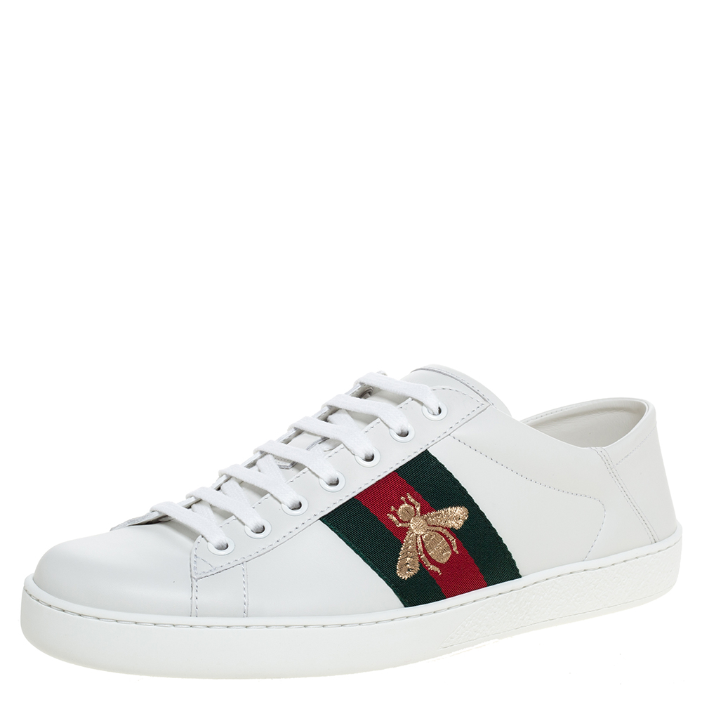 GUCCI WHITE LEATHER EMBROIDERED BEE ACE LOW TOP SNEAKERS SIZE 41