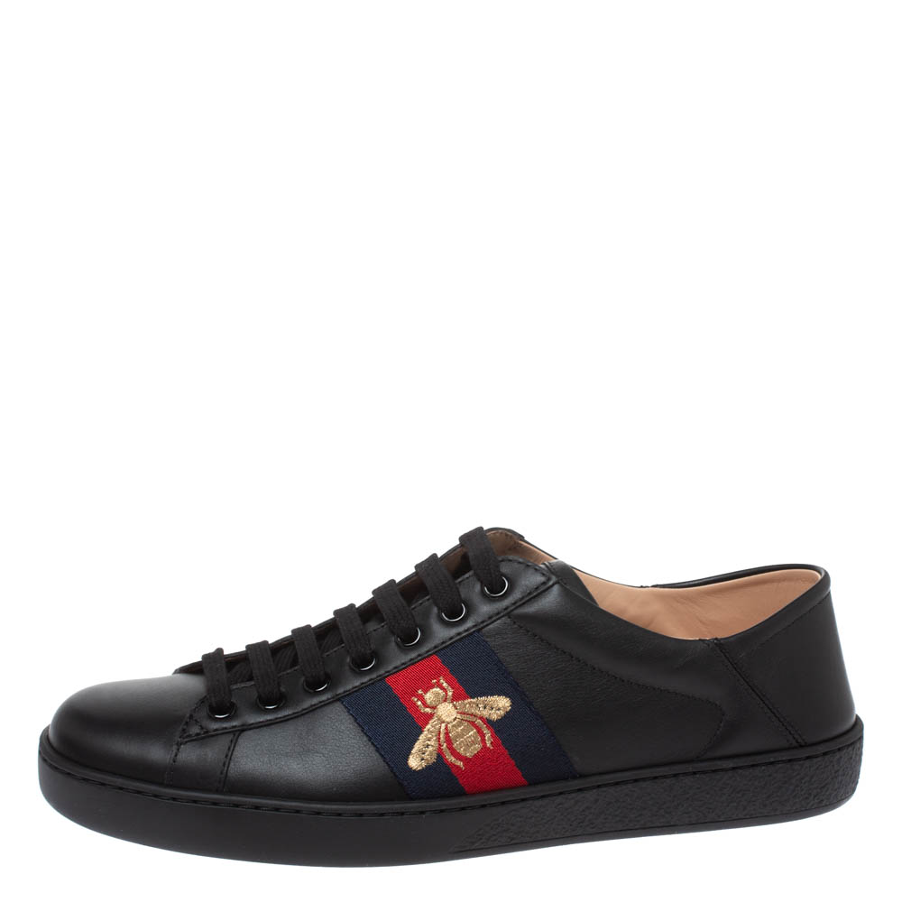 

Gucci Black Leather Embroidered Bee Ace Low Top Sneakers Size