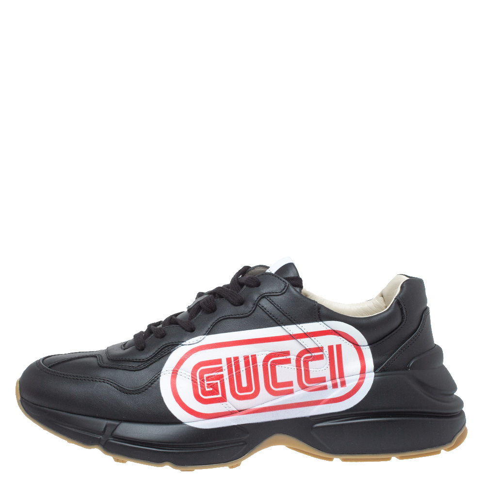 

Gucci Black Leather Rhyton Logo Low Top Sneakers Size