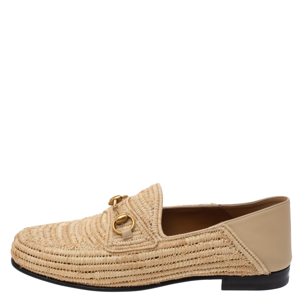 

Gucci Beige Raffia Jordaan Horsebit Slip On Loafers Size