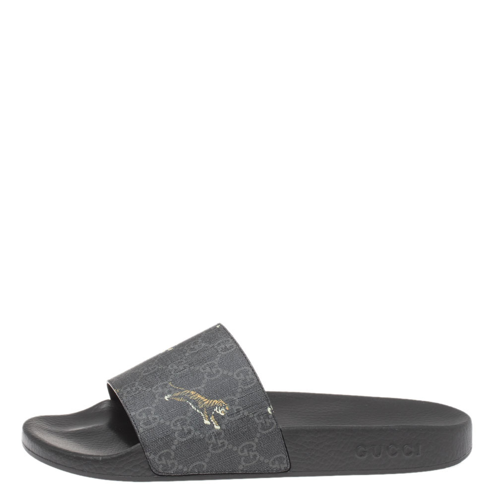 

Gucci Black GG Canvas Tiger Flat Slides Size