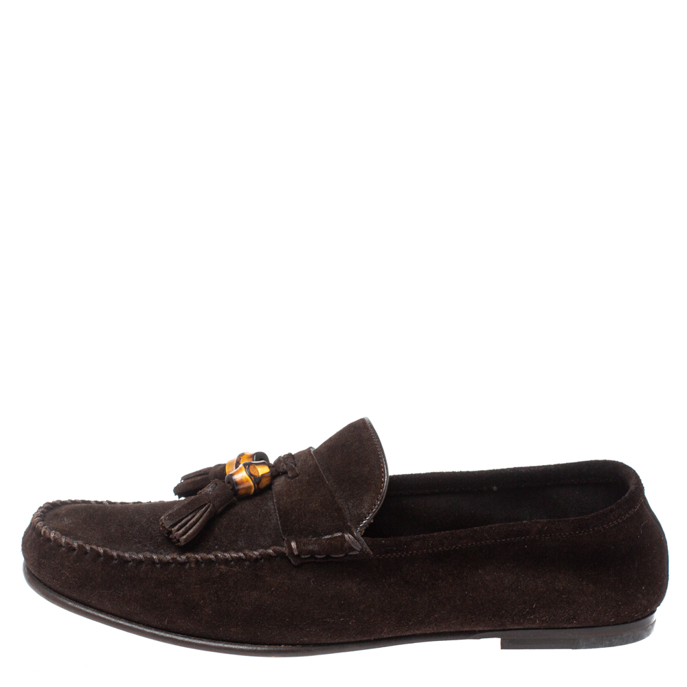 

Gucci Brown Suede Bamboo Tassel Slip On Loafers Size