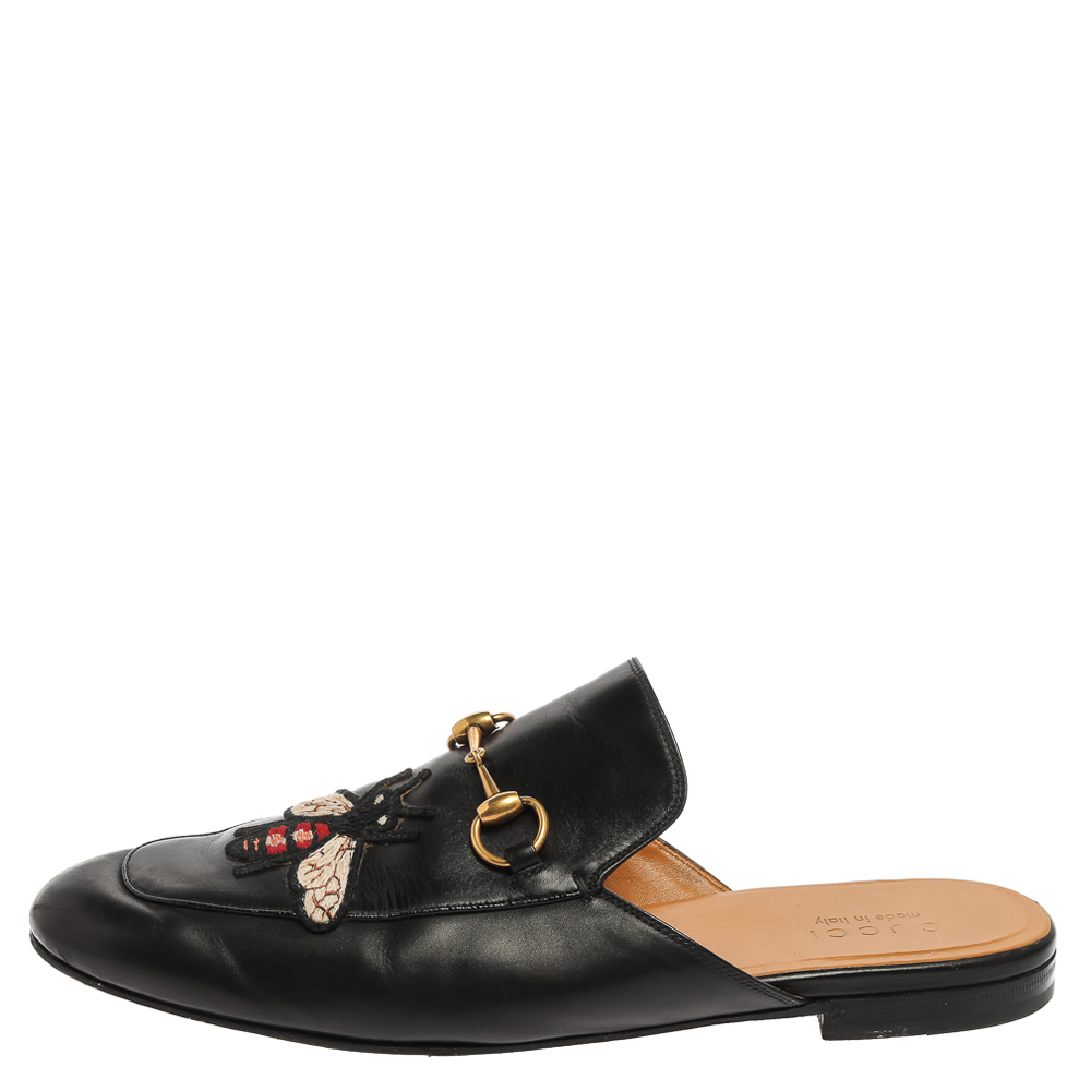 

Gucci Black Leather Bee Embroidered Princetown Horsebit Mules Size