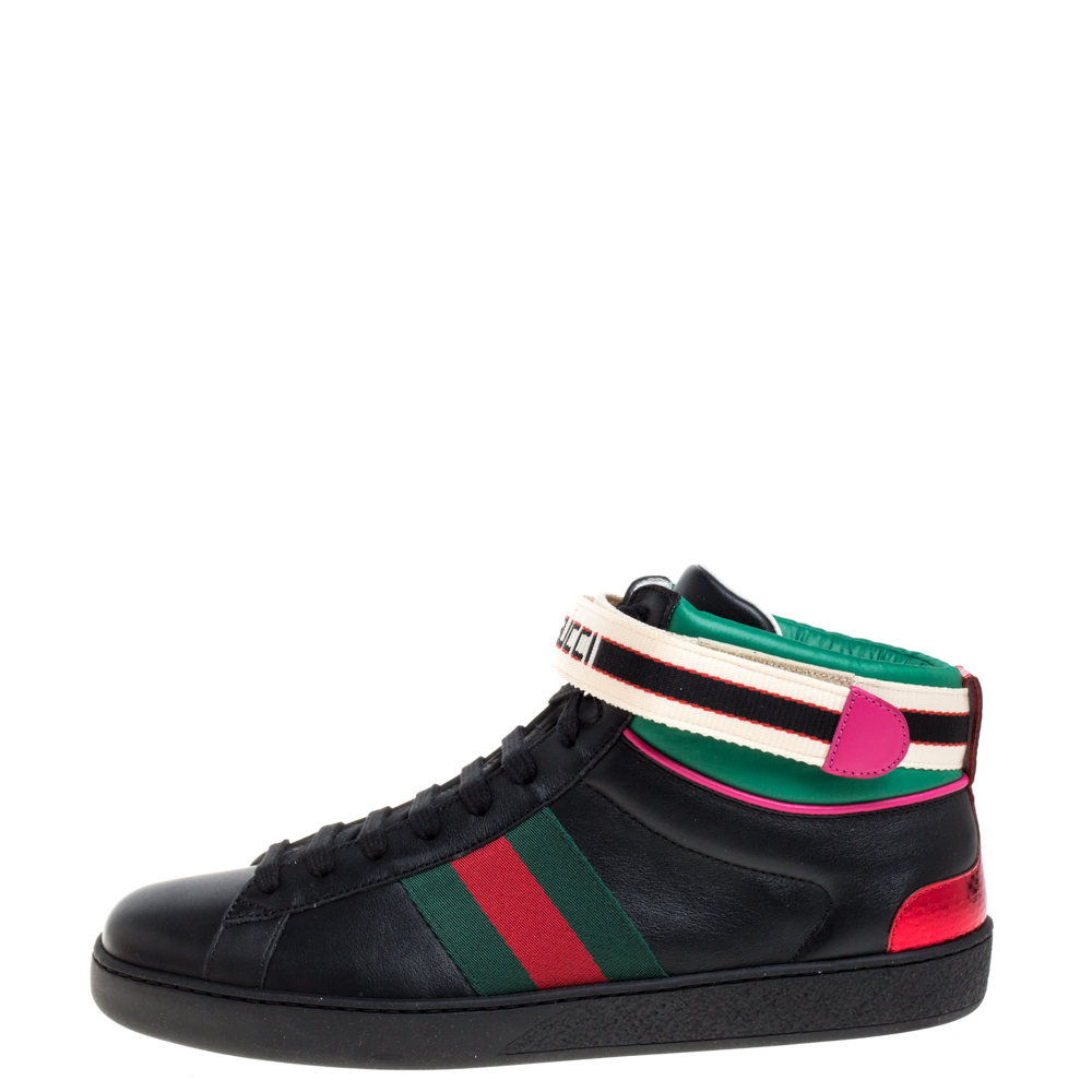 

Gucci Black Leather Stripe Ace High Top Sneakers Size
