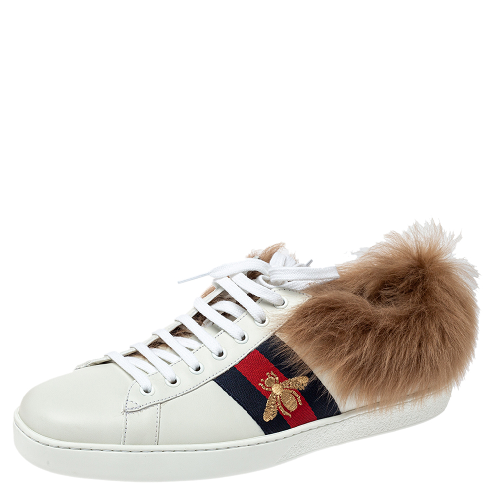 

Gucci White Leather and Fur Ace Embroidered Bee Low Top Sneaker Size