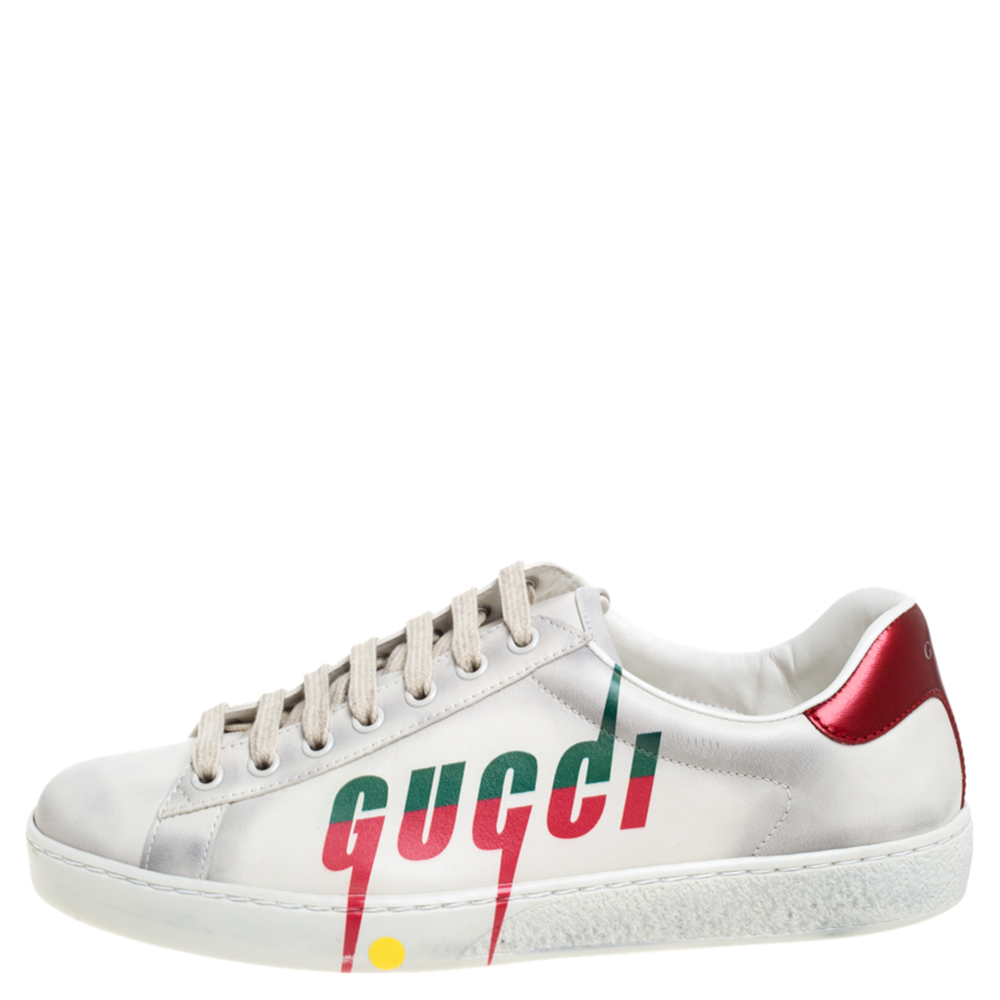 

Gucci Off White Distressed Leather Ace Blade Print Low Top Sneakers Size