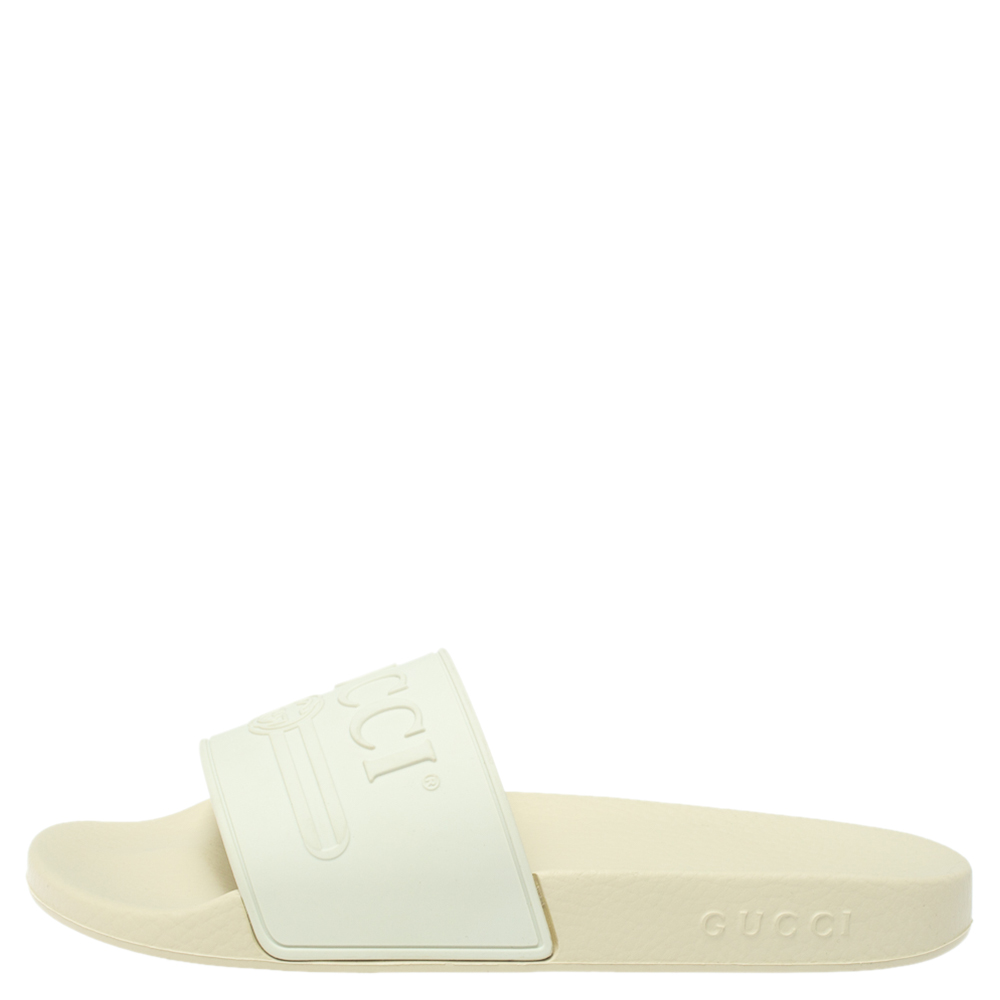 

Gucci White Rubber Logo Pursuit Slide Sandals Size