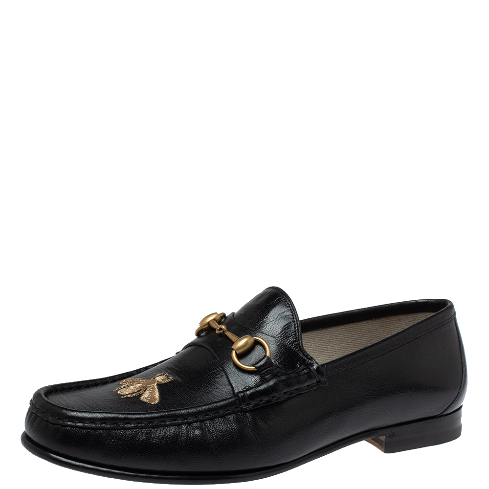 Pre-owned Gucci Black Leather Bee Embroidered Horsebit Slip On Loafers Size 43.5