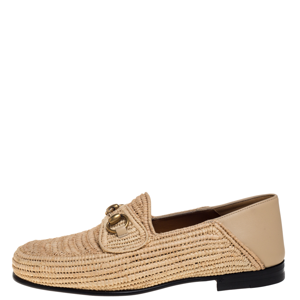 

Gucci Beige Raffia Jordaan Horsebit Slip On Loafers Size