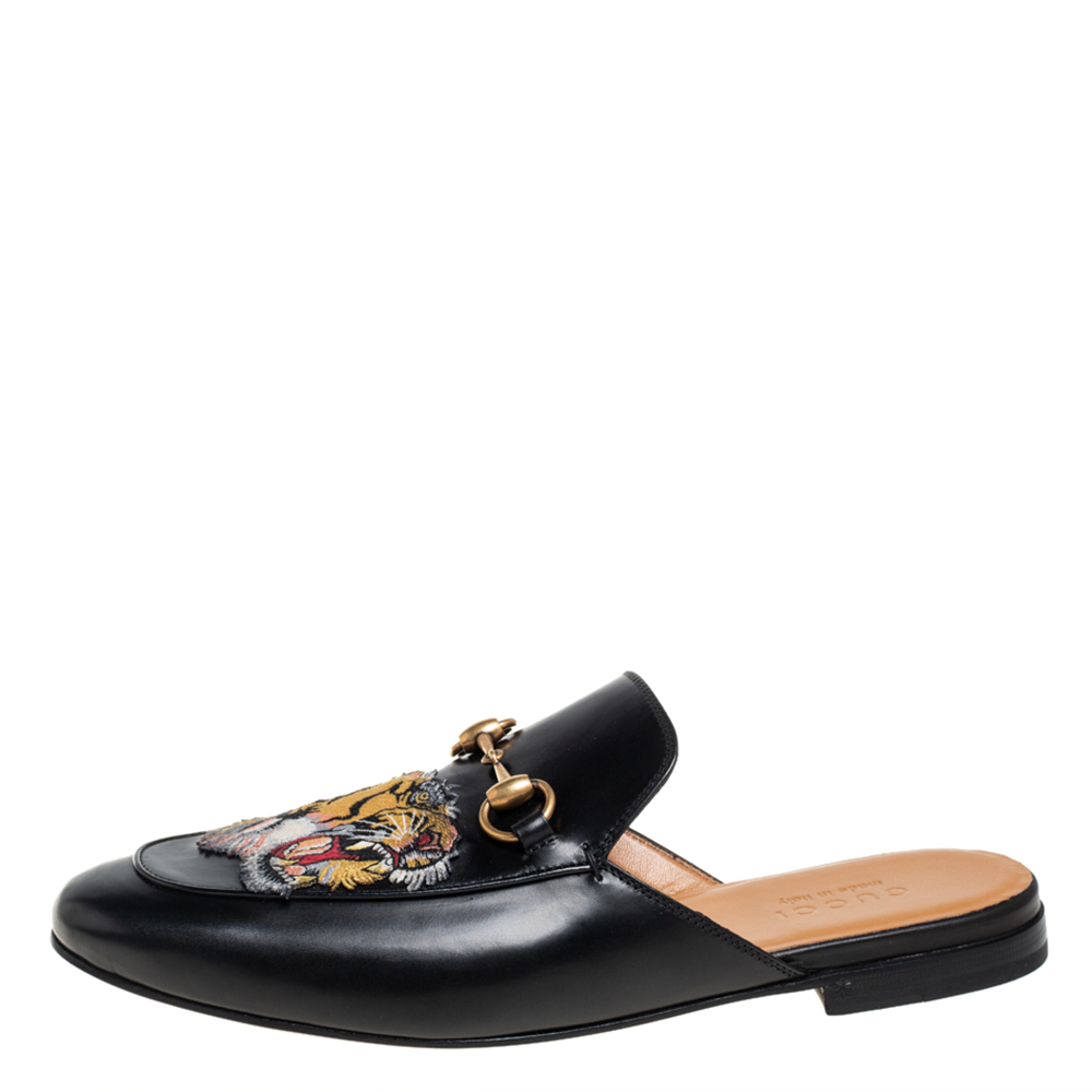 

Gucci Black Tiger Embroidered Leather Horsebit Princetown Mules Size