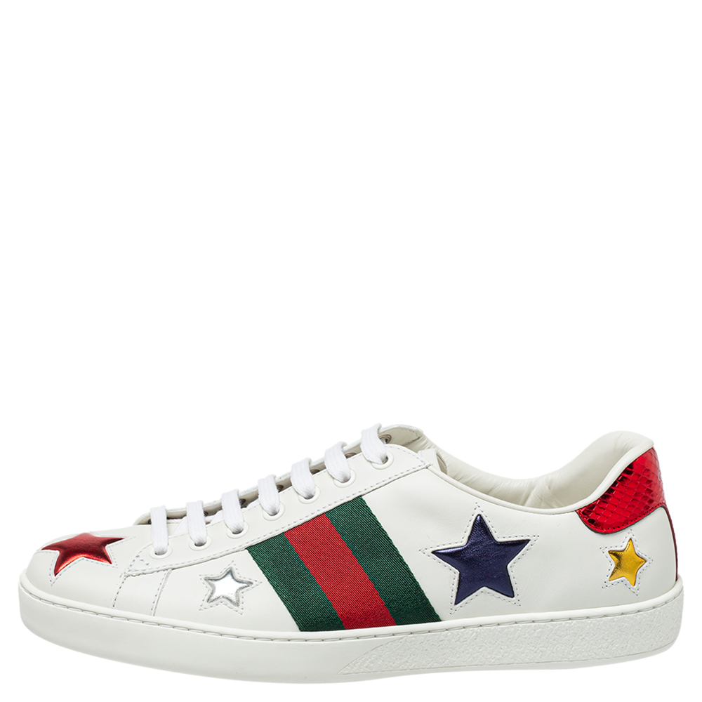 

Gucci White Leather And Canvas Star Ace Sneakers Size