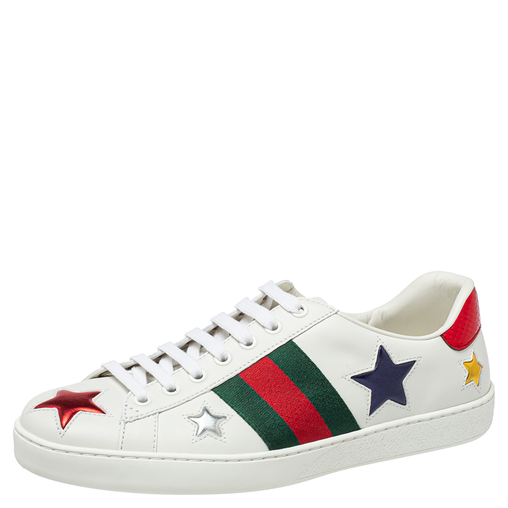 Pre-owned Gucci White Leather And Canvas Star Ace Sneakers Size 40