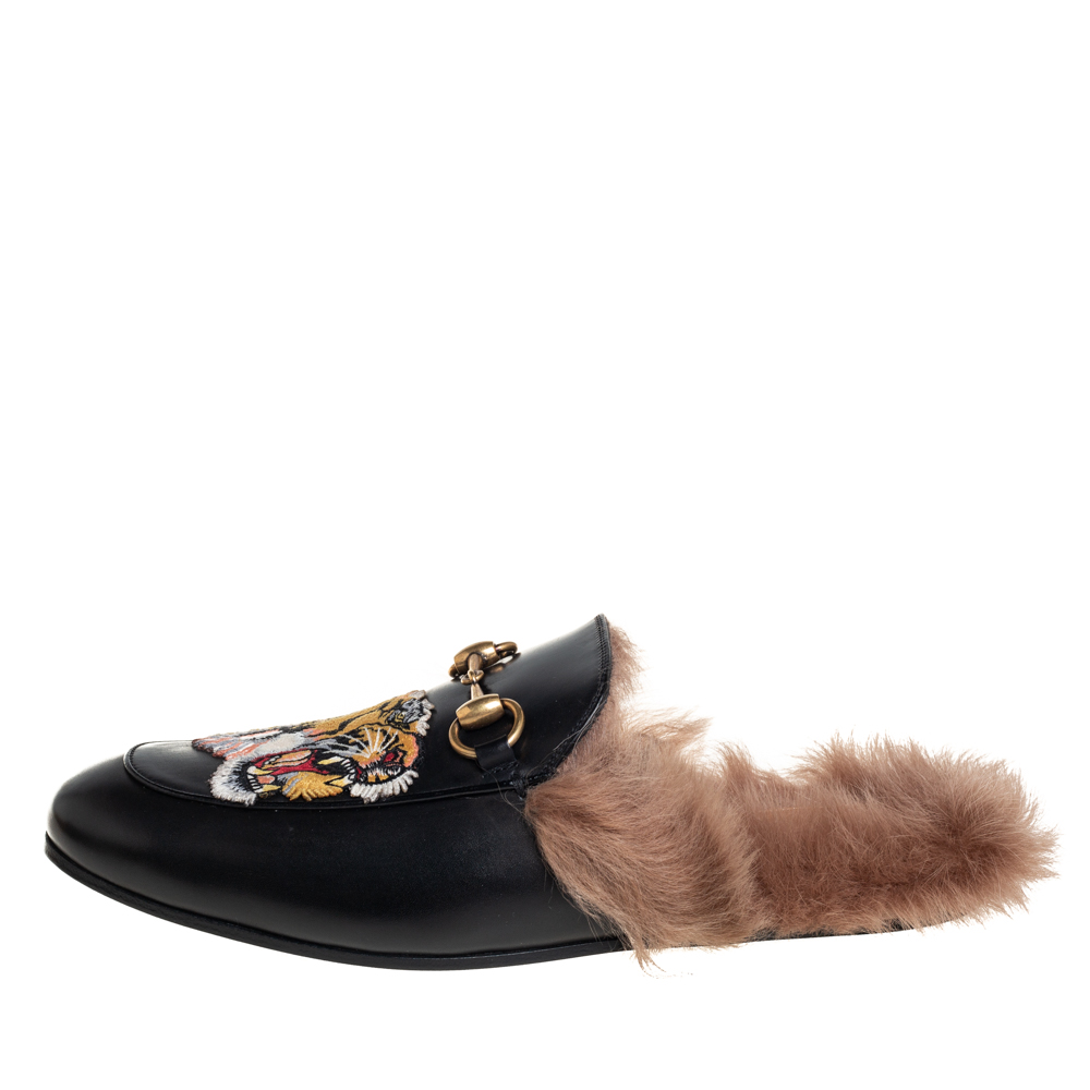 

Gucci Black Leather And Fur Tiger Embroidered Princetown Mules Size
