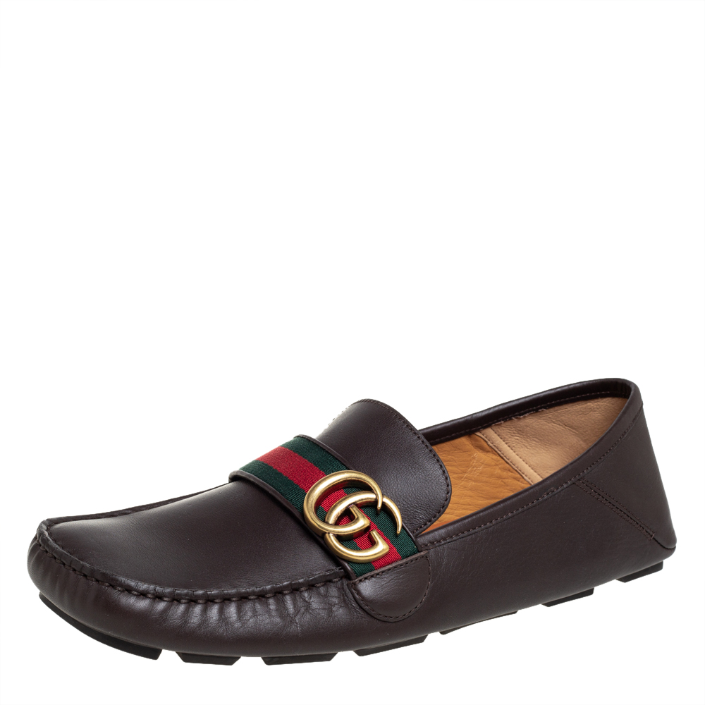 Pre-owned Gucci Brown Leather Gg Web Loafers Size 42