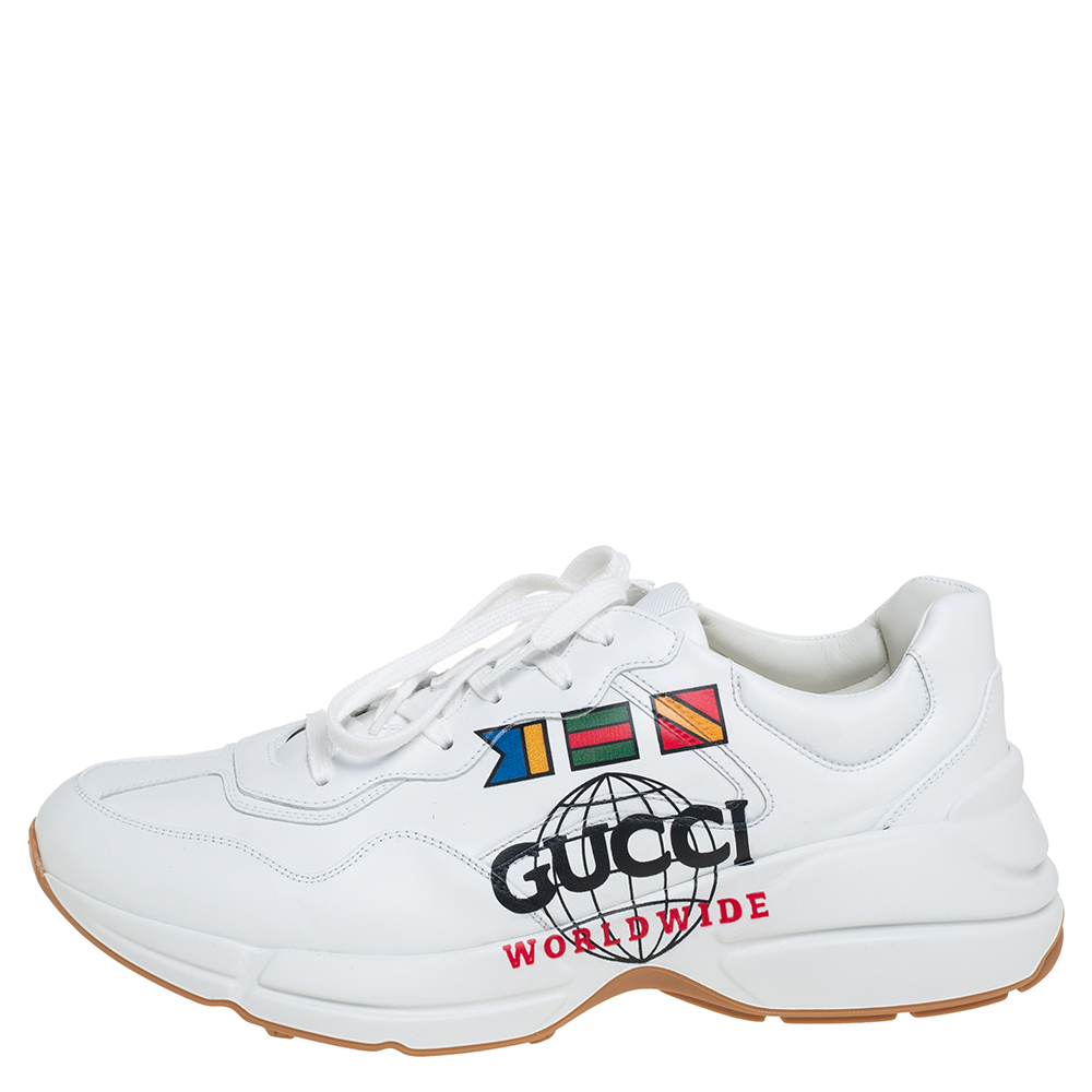 

Gucci White Leather Rhyton Worldwide Print Low Top Sneakers Size