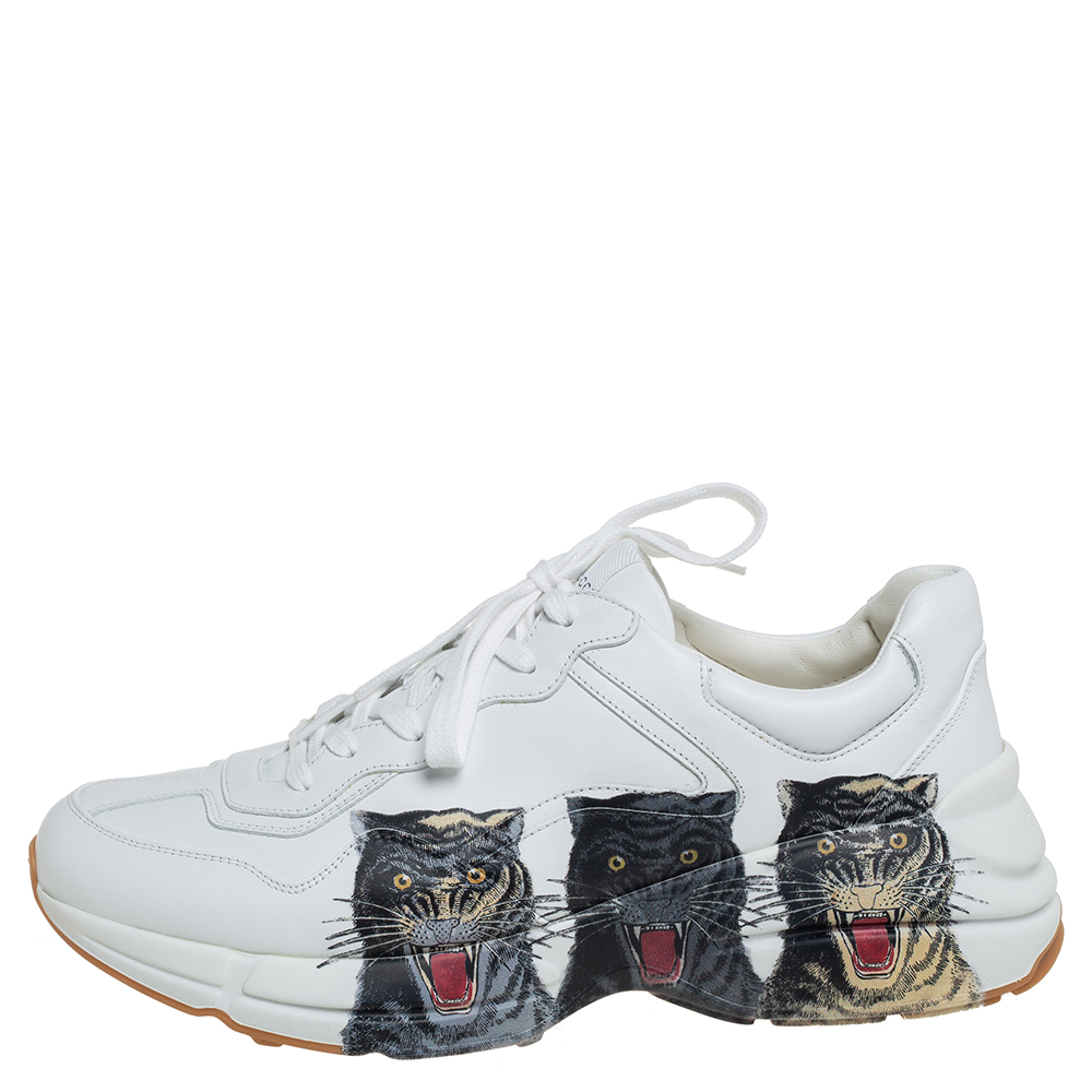 

Gucci White Leather Rhyton Tigers Print Low Top Sneakers Size