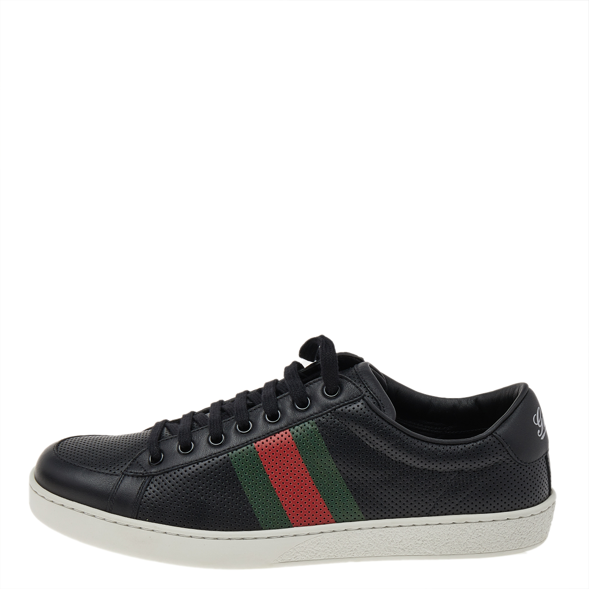 

Gucci Black Perforated Leather Web Detail Low Top Sneakers Size