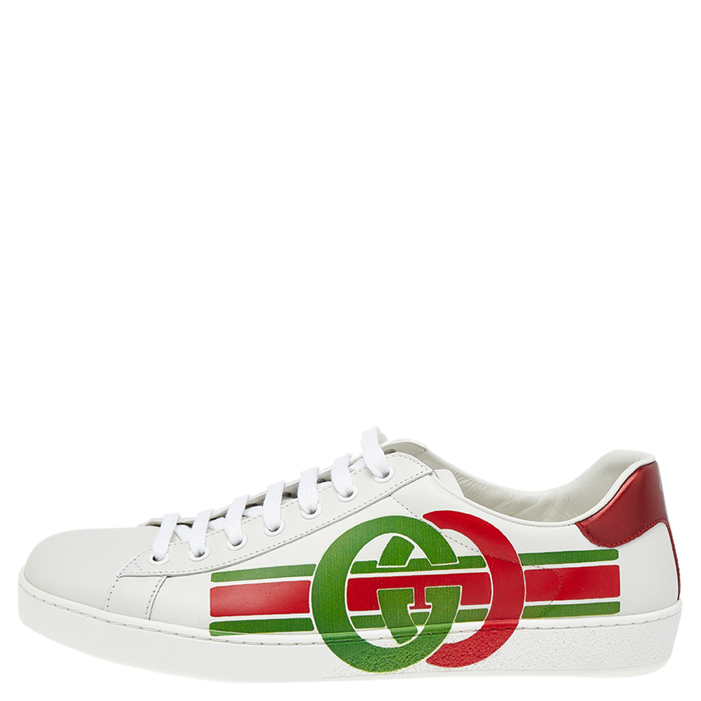 

Gucci White Leather Interlocking G Ace Lace Up Sneakers Size