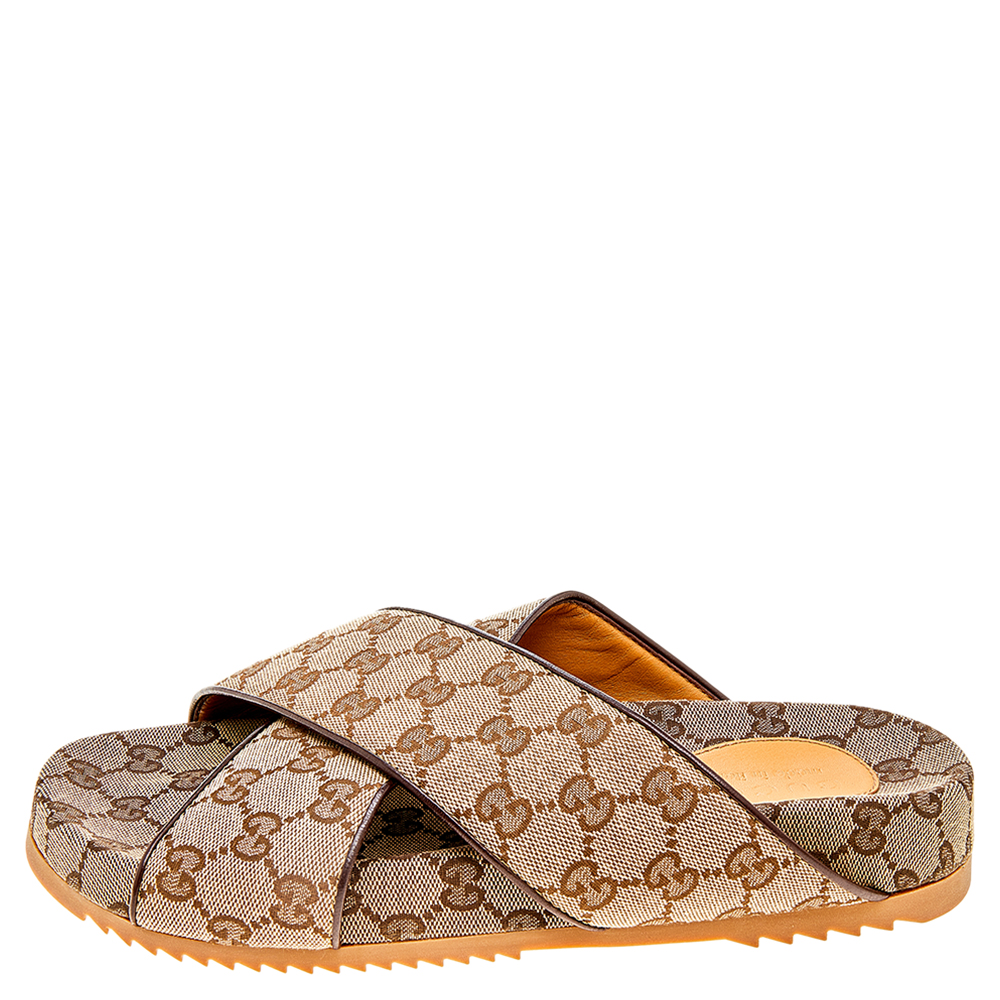 

Gucci Beige/Brown GG Canvas And Leather Criss Cross Slide Sandals Size