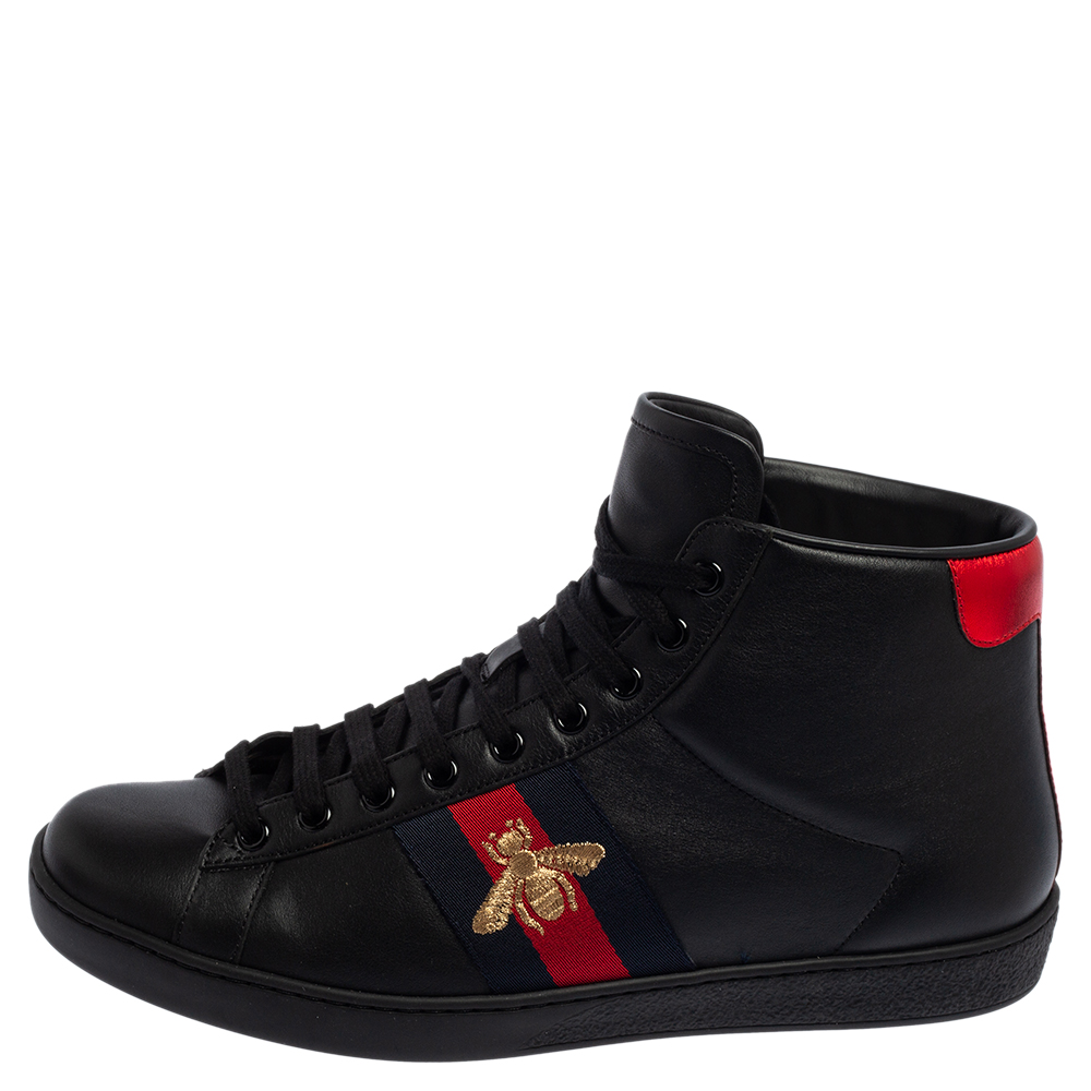 

Gucci Black Leather Embroidered Bee Ace High Top Sneakers Size