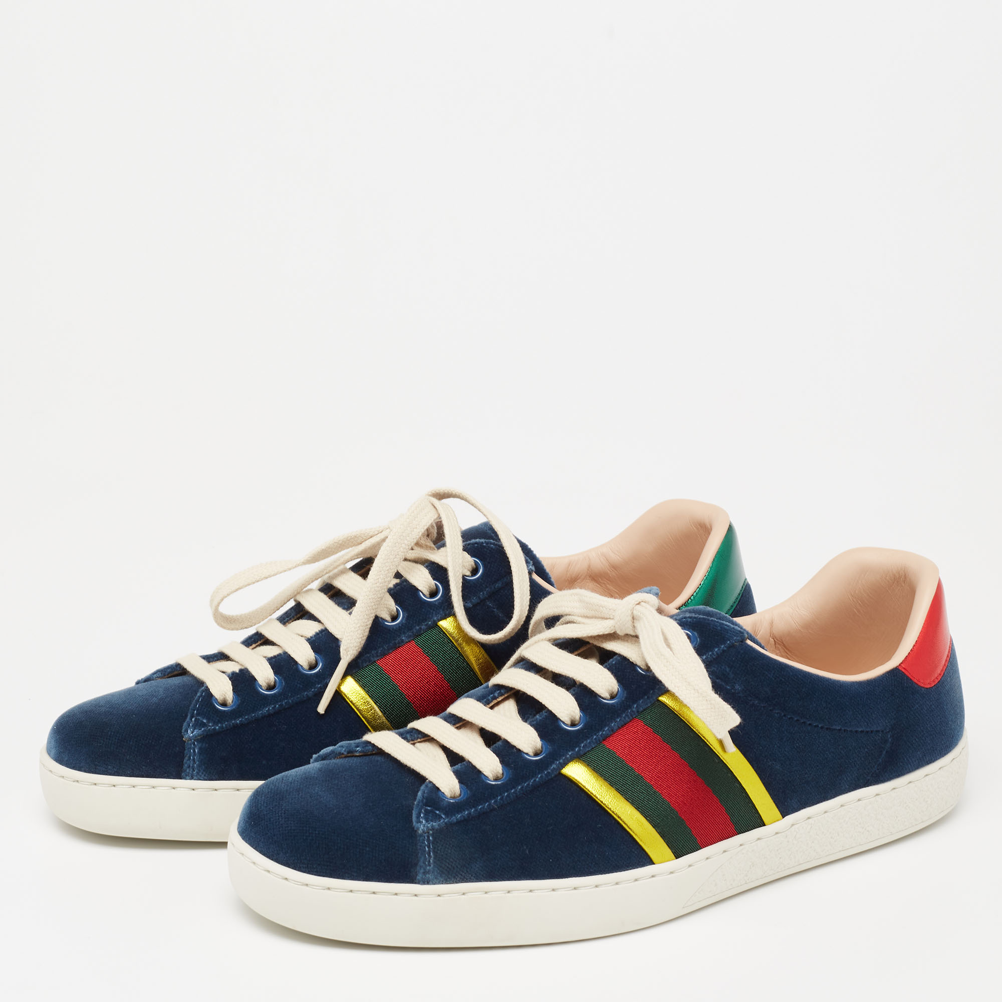 

Gucci Blue Velvet and Leather Web Ace Sneakers Size