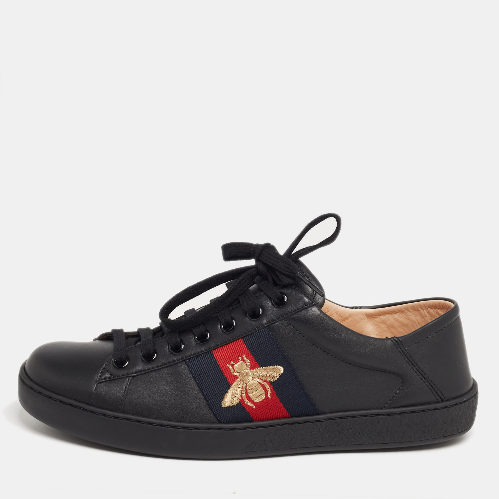 Pre-owned Gucci Black Leather Embroidered Bee Web Ace Low-top Sneakers ...