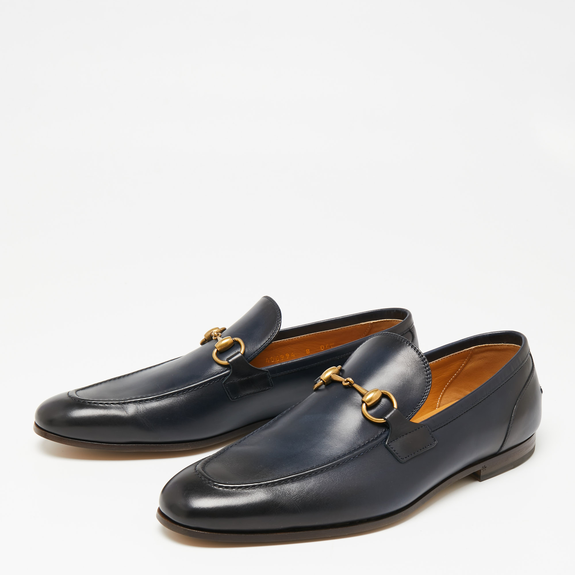 

Gucci Dark Navy Blue Leather Horsebit Jordaan Loafers Size