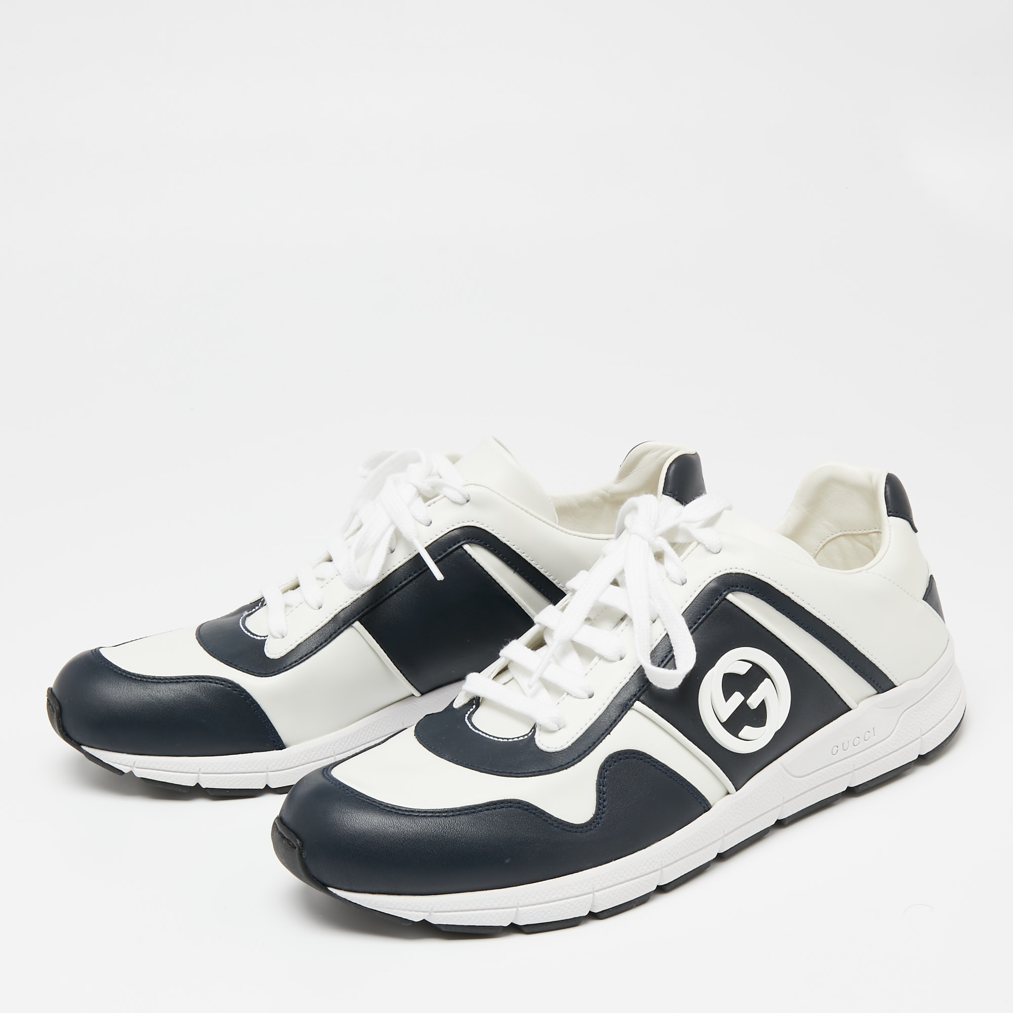 

Gucci White/Navy Blue Leather Interlocking GG Lace Up Low Top Sneakers Size