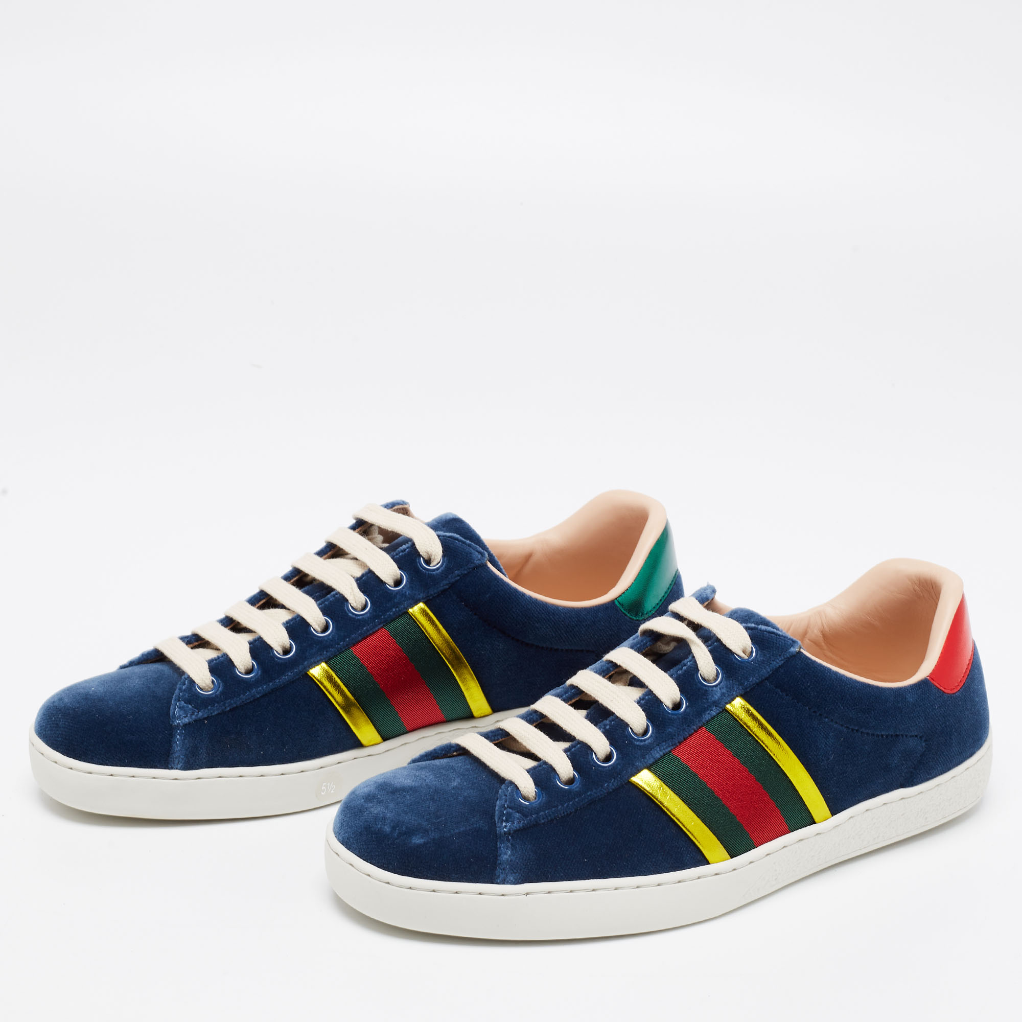 

Gucci Blue Velvet And Leather Web Detail Low Top Sneakers Size