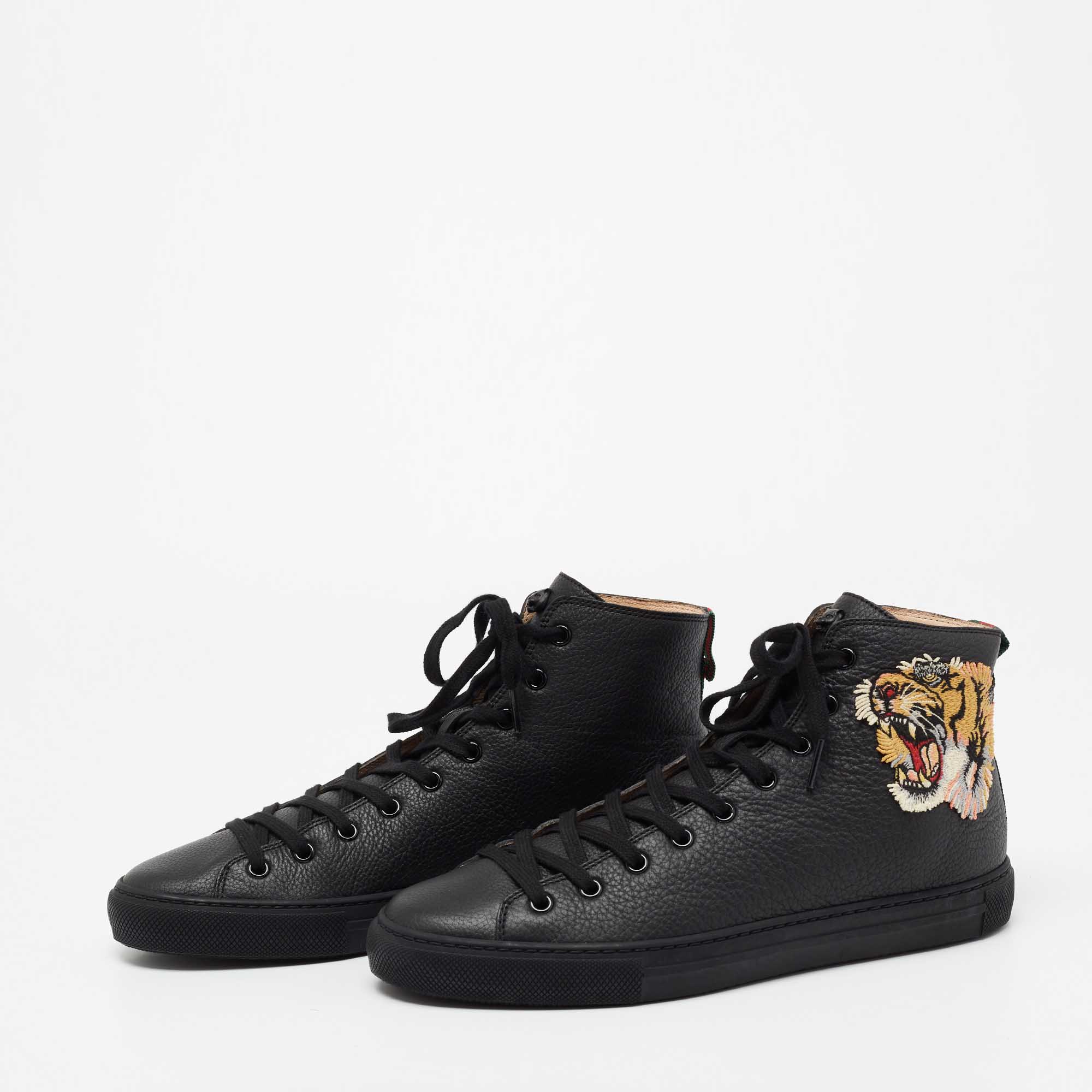 

Gucci Black Leather Tiger Patch High Top Sneakers Size 41