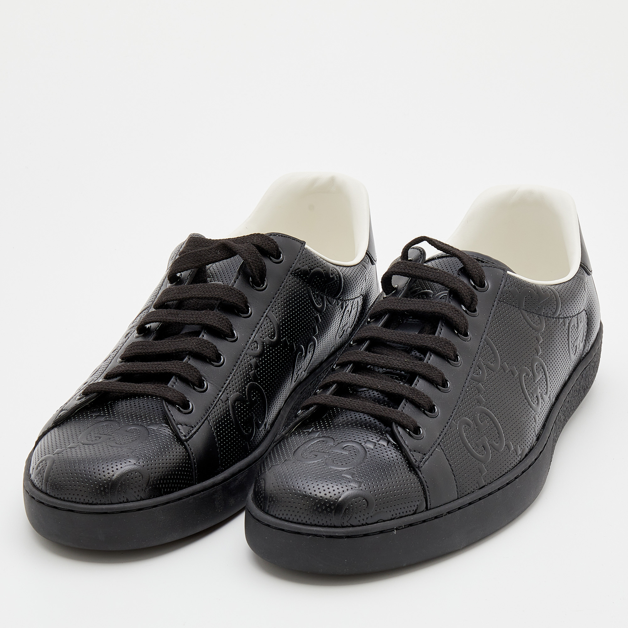 

Gucci Black Perforated GG Embossed Leather Ace Low Top Sneakers Size