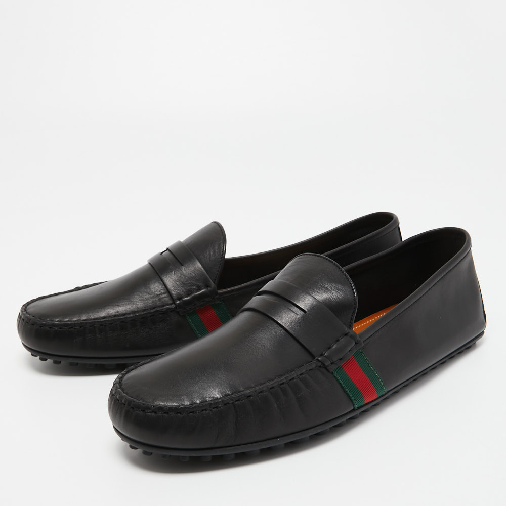 

Gucci Black Leather Web Detail Penny Slip On Loafers Size
