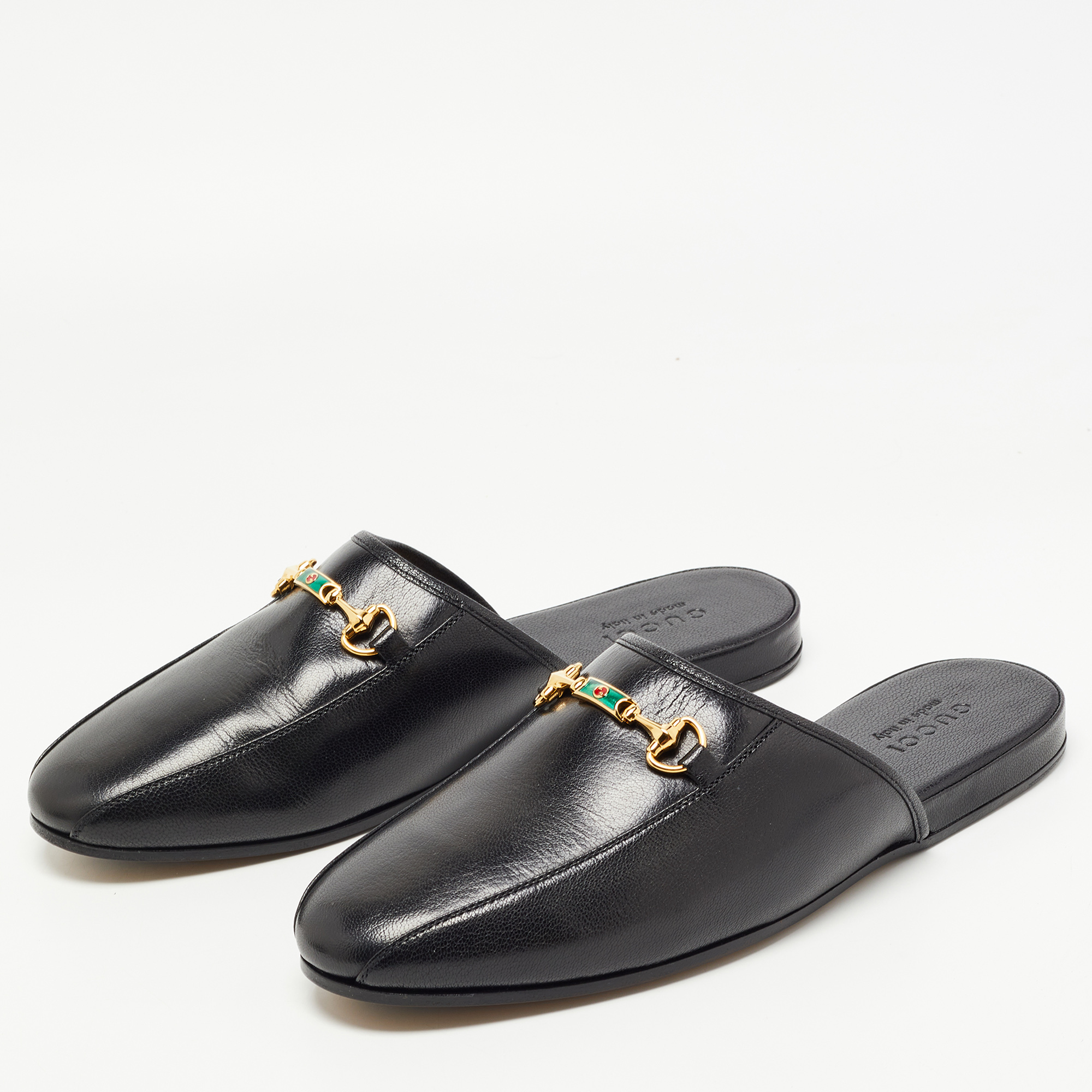 

Gucci Black Leather Princetown Horsebit Flat Mules Size