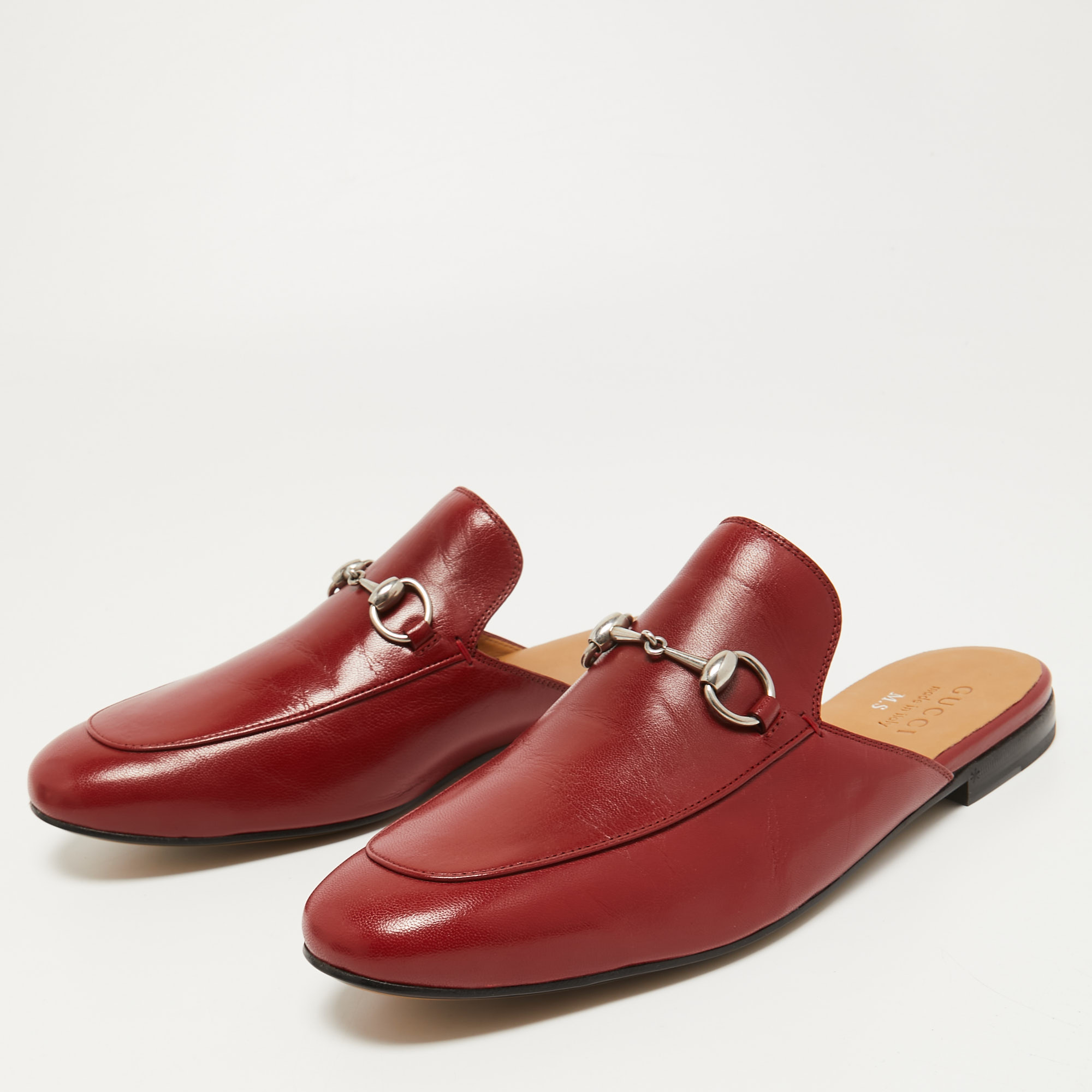 

Gucci Red Leather Princetown Horsebit Flat Mules Size